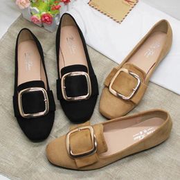 Casual Shoes Vintage Metal Square Buckle Band Shallow Flock Loafers Woman Slip On Comfy Antiskid Flats Toe Wowen Moccasins 2024