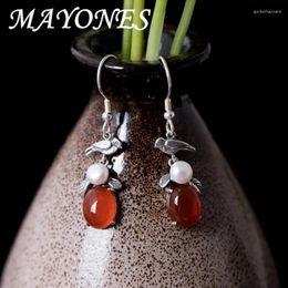 Dangle Earrings MAYONES Chinese Style 925 Silver Natural Pearl Bird Leaf Ear Hook Handmade Red Agate Women Jewelry EH09