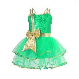 Stage Wear Kids Girls Sequin Christmas Dance Costume Sleeveless Bow Skating Ballet Leotard Dress Carnival Theme Party Performance Dancewear