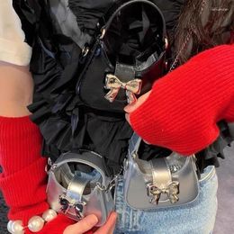 Drawstring Cute Mini Bow Tie Design Silver Chain Crossbody Bags For Women 2024 Y2K Style Handbags And Purses Leather Shoulder Bag