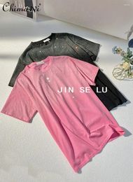 Women's T Shirts Spring Summer Fashion Pink Rhinestone Loose Short-Sleeved T-shirt Women Round Neck Elegant Gradient Colour Slim Pullover Top