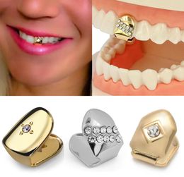 18K Gold Single Diamond Teeth Grillz Punk Hip Hop Dental Mouth Fang Braces Fake Grills Tooth Cap Cosplay Costume Party Rapper Body6205230