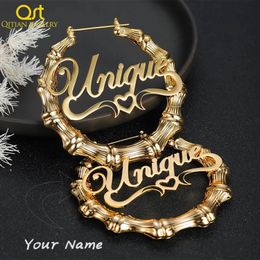 Qitian 30mm-100mm Custom Bamboo Hoop Earring Stainless Steel Earrings Bamboo Style Personality Name Drop Earring Hiphop Sexy 240417