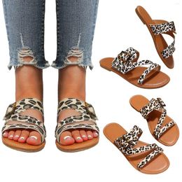 Slippers Large Size Leopard Flat Bottom Open Toe Women's Retro Buckle Outside Wearing Slide Sandals 10 Womens