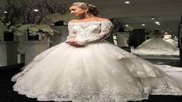 Gorgeous Princess Wedding Dresses Ball Gown Long Sleeve Off Shoulder Beaded Appliques Lace Chapel Train Country Bridal Gowns Custo1046056