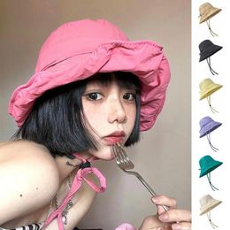 Berets Bucket Hat Windproof Rope Thin Casual Washable Pleated Sun-resistant Solid Colour Breathable Women Summer Sun For Daily Life