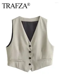 Women's Vests TRAFZA Spring Summer Women Vintage Solid Single Breasted V Neck Waistcoat Tops 2024 Casual Fashion Chic Vest