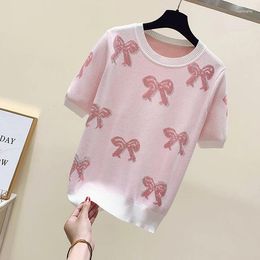 Women's T Shirts 2024 Summer Women Fashion Short Sleeve Knitted Tops Tees Female Clothing Pullover T-shirt Ladies Print Casual V26