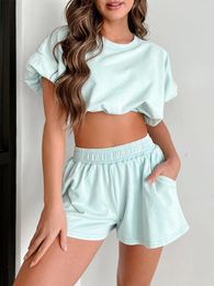 Women's Tracksuits Women 2 Piece Short Sets Summer Sleeve Crew Neck Crop Top With Elastic Waist Shorts Solid Outfits For Work Out Sports