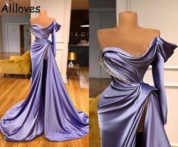 Elegant Soft Satin Ruched Evening Dresses Mermaid Long Sleeve Crystals Beaded Formal Party Gowns Sweep Train High Slit Sexy Arabic9931612