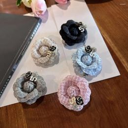 Brooches 6cm Camellia Flower Elegant Fabric Crystal Corsage Fashion Women Lapel Pins