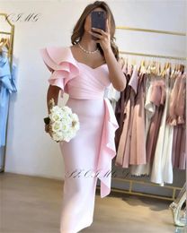 Party Dresses OIMG Exquisite Sheath One-Shoulder Ruffles Pink Prom Saudi Arabic Women Satin Evening Gowns Occasion Formal Dress