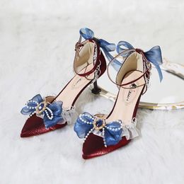 Sandals Kawaii Tea Party French Sweet Girl Lolita High Heels Vintage Elegant Exquisite Wine Red Loli Bow Anime Cosplay Point Toe