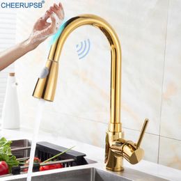 Kitchen Faucets Smart Touch Faucet Pull Down Cold Water Mixer Tap Deck Mount Flexible Gold With Sprayer Sink Sensor Grifos