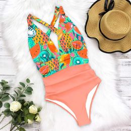 Women's Swimwear New Sexy One Piece Swimsuit Female Floral Women Swimwear Push Up Bathing Suits Bodysuits Beach wear Deep V-neck Monokini