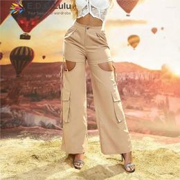 Women's Pants EDGLuLu Women High Waist Hollow Drawstring Lace-Up Wide Leg Casual Loose Pockets Straight Trousers 0410