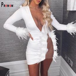 Casual Dresses Prowow Diamonds Women Birthday Party Evening Dress Feather Long Sleeve Slim Fit Clothing Solid Colour Mesh Spliced Lady