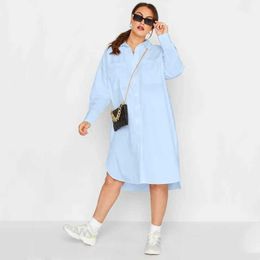 Basic Casual Dresses Plus size long sleeved elegant spring and autumn shirt for women with button up front blue Hi low business casual midi dress 8XLL2405