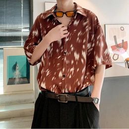 Men's Casual Shirts 2024 Summer Loose Print Shirt For Men Korean Fashion Hip Hop Thin Ice Silk Short Sleeve Beach Tops Male Streetwear