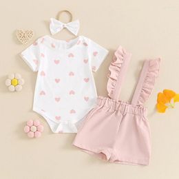 Clothing Sets 0-18M Korean Born Baby Girl Summer Outfits Heart Print Short Sleeve Romper Ruffles Suspender Shorts Headband 3pcs Clothes Set