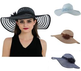 Summer Organza Floppy Beach Hats for Women Wide Brim Striped Flat Hats Ladies Flower Sun Beach Cap1416926