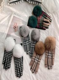 Five Fingers Gloves Touch Screen AvailableCashmere Embroidery Plaid Fox Hairball Thick Glove for Fall and Winter7356733