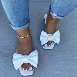 Fashion Summer Plus Size Oneline Solid Colour Bow Flat Sandals Outdoor Beach Slippers Elegant Women Shoes 2023 240430