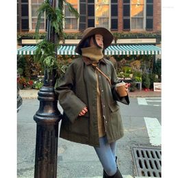 Women's Jackets Loose Cotton Coat Retro Work Clothes Lapel Corduroy Splicing Clothing Patchwork Windproof Warm Army Green