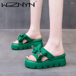 Slippers Fashion Summer 7CM Flat Heel Shoes Butterfly Metal Decor Womens Green Color Sandals Women's Platform Beach