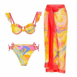 Women's Swimwear New Chinese Style 3-Piece Women Bikini Set Push Up Floral Print Ruffle Bikinis Swimwear Sexy Brazilian Biquini Bathing Suit