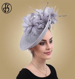 FS Fascinators Grey Sinamay Hat With Feather Fedora For Women Derby Cocktail Party Bridal Ladies Church Hats 2208133105545