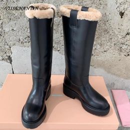 Boots Punk Style Lamb Wool Thickeded Warm Snow Boot Retro Round Head Chunky Heel Thick Bottom Knee High Runway Winter Shoes Women