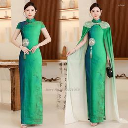 Ethnic Clothing 2024 Chinese Vintage Dress Improved Cheongsam National Flower Embroidery With Cloak Qipao Retro Banquet Evening Party