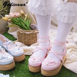 Dress Shoes Japanese Style Lolita Lace Bow Leather Pumps Platform Lady Girls Sweet High Heels Thick Bottom Muffins