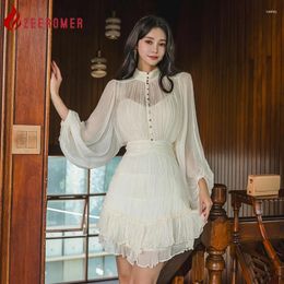 Casual Dresses 2024 Spring Fashion Office Ladies Ruffle Short Dress Women Stand Collar Lantern Sleeve Mesh Patchwork Chiffon Party Vestidos