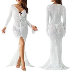 White Crochet Long Dress For Women Deep V Neck See Through Knit Beach Cut Out Sleeve Party