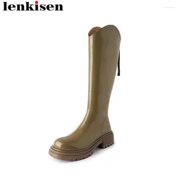 Boots Lenkisen Cow Leather Brand Round Toe Winter Vintage Zipper Warm Riding Med Heels Platform Runway Luxury Thigh High