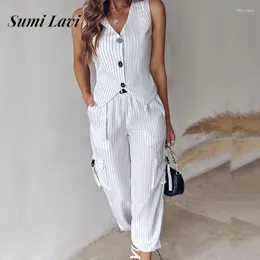 Women's Two Piece Pants Fashion Casual Striped Printed Vest Set Women Elegant Sleeveless Loose 2Pc Suit V-neck Button & Pocket Long Pant