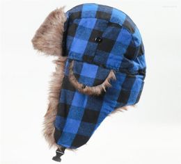 Berets Winter Hats For Mens Bomber Hat Fur Red Warm Earflap Cap Windproof Women Thicker Plaid Russian Ushanka Black Blue8853493