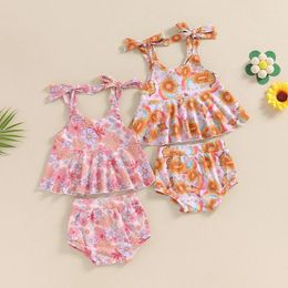 Clothing Sets Infant Born Baby Girls Summer Outfits Floral Print Bandage Straps Camisole And Elastic Shorts Set Fashion Cute Clothes