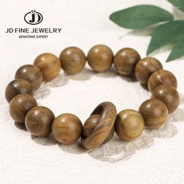 Strand JD 15mm Natural Green Sandalwood Round Bead Bracelets With Ring Vintage Buddha Mala Meditation Prayer Bangles Wooden Jewellery