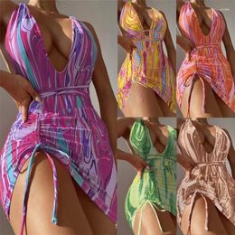 Women's Swimwear 2024 Sexy Back For Women One Piece Swimsuit With Cover Up Ladies Fashion Stripe Print V-Neck Bathing Suit-Ins