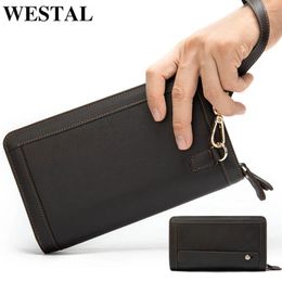 Wallets WESTAL Men's Wallet Genuine Leather Clutch Male Double Zip Purse For Men With Handle String Long