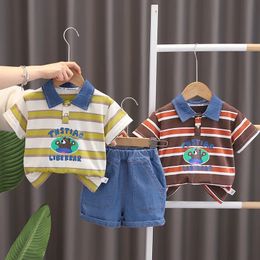 Korean Summer Kids Boys 2pcs Clothes Set Streak Turn Down Collar Poloshirts Denim Shorts Suit Infant Babys Outfit 240426