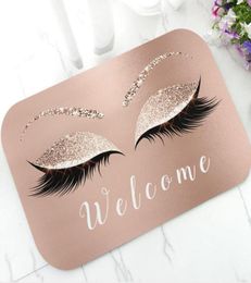 Trendy Rose Gold Glitter EyeLash Lashes Welcome Door Mat Sparkly Makeup Rubber Doormat Rug Carpet Chic Home Beauty Studio Decor Y27985059