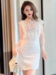 Casual Dresses Sweet Birthday Party Dress Woman Celebrity White Diamond Lace Ruffles Hook Flower Hollow Slim Short Gown Fiesta Vestidos