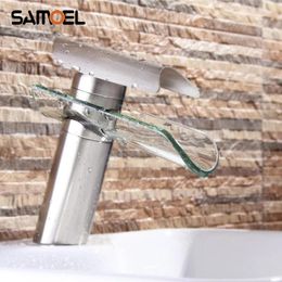 Bathroom Sink Faucets Deck Mount Brass Glass Waterfall Faucet Single Hole Brushed Nickel Basin Water Mixer Tap NL712