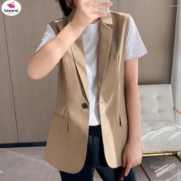 Women's Vests SEPARQI Pockets Women Fashion Single Button Office Wear Blazer Waistcoat Vintage Sleeveless Side Vents Female Vest Coat