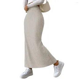 Solid Colour Long Skirt Elegant Striped Maxi For Women High Waist Knitted Winter With Split Hem Soft Warm Ankle