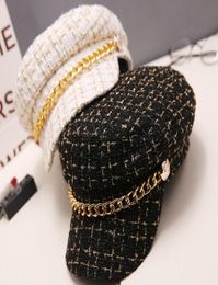 2019 Autumn Winter tweed Chain Military Hat For Women Wool Flat Army Cap Salior Hat Girl Visor Travel Berets plaid newsboy cap Y207304554